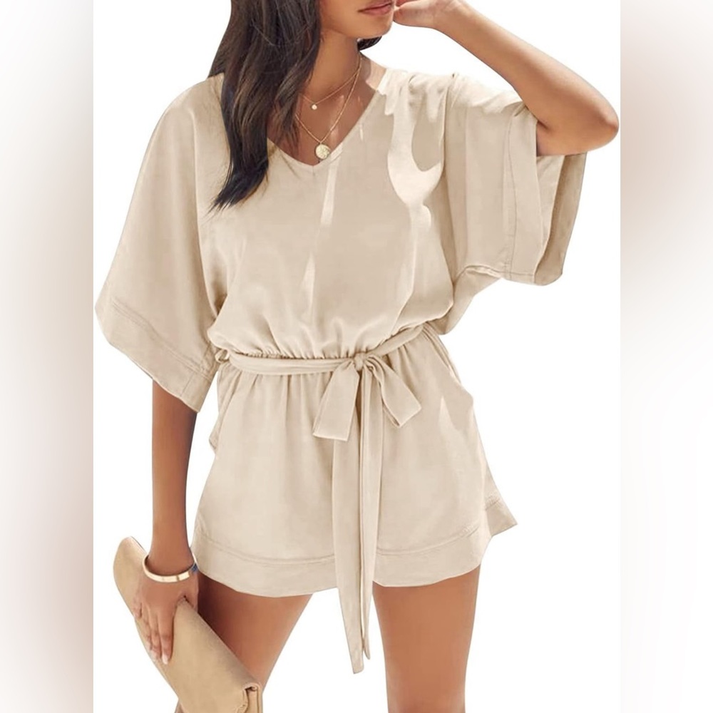 Womens V-Neck Jumpsuits, Short Sleeve Rompers Summer Casual Rompers Solid Color